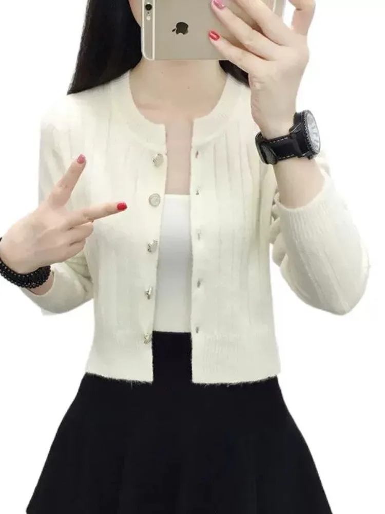 Women's Knitted ort Thin Sweater Jaet High Waist Base irt Faionable Spring Autumn Sweet Sle Pure Color Straight Cut