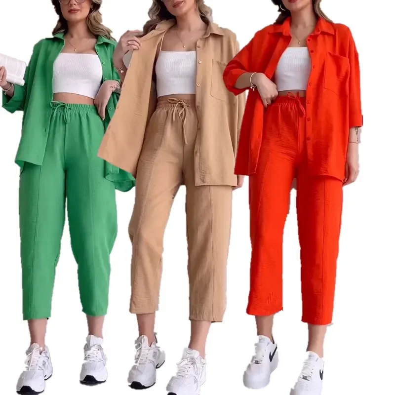 Pant Sets Women Solid Two Pieces Set Long Sleeve Cropped Button Shirt Loose Wide Leg Trouser Work Sporty Suits Y2k Streetwear