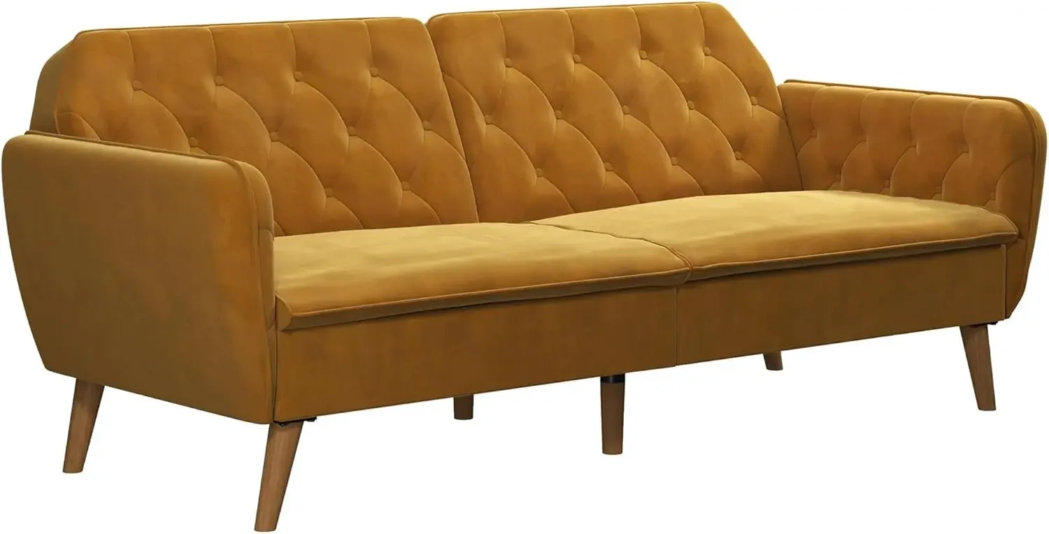 83 Inch Futon Sofa Bed in Velvet Fabric, Upholstered Couch Sleeper with Memory Foam and Tufted Back, Mid-Century Modern, Mustard