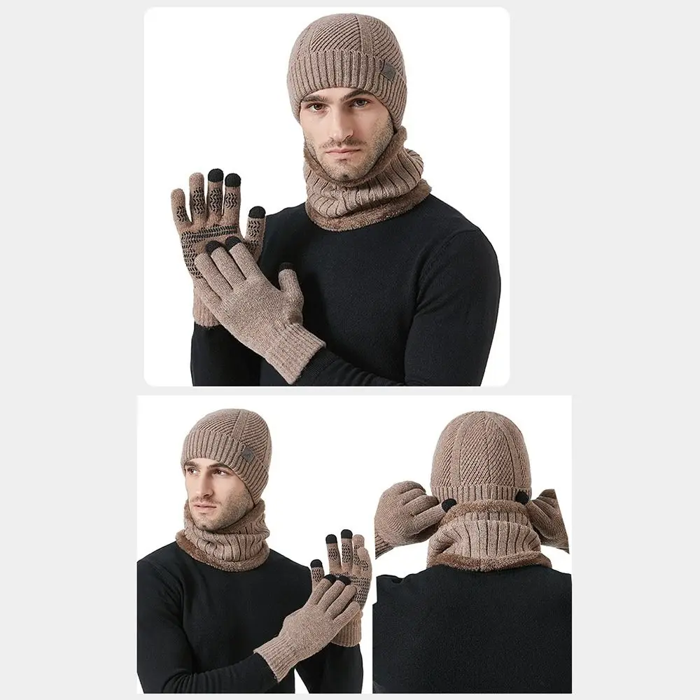 3Pcs/Set Set Topi, Syal, dan Sarung Tangan Musim Dingin yang Hangat, Berlapis Tebal, Rajutan, Set Beanie Snood, Syal Elastis Lembut, Penghangat Leher, Cocok untuk Pria