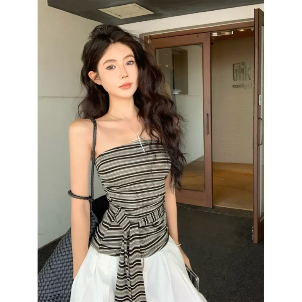 

Топ без рукавов в полоску с открытой спиной в стиле ретро, женский летний топ без рукавов с узлом, облегающий топ без рукавов для улицы, пикантный топ для девочек