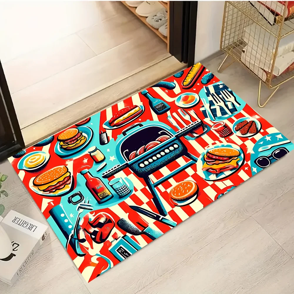 Barbecue Party Pattern Flannel-printed floor mats has a non-slip function is suitable for entrances bathroom welcome carpets