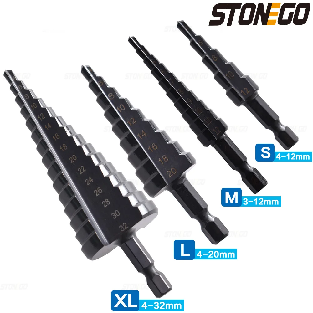 STONEGO 1PC Nitride Coated HSS Straight Hex Shank Step Drill Bit for Cutting on Wood, Plastic, PVC, Iron Plate