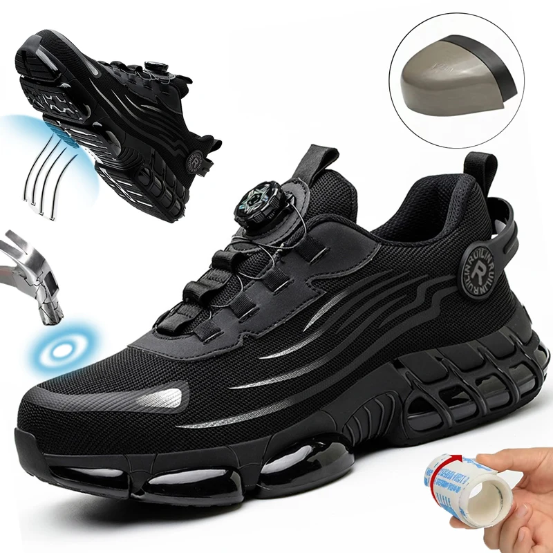 Anti-Smash Anti-Puncture Work Boots Steel Toe Protection Shoes Rotating Button Work Shoes Men Air Cushion Men's Sports Shoes ﻿