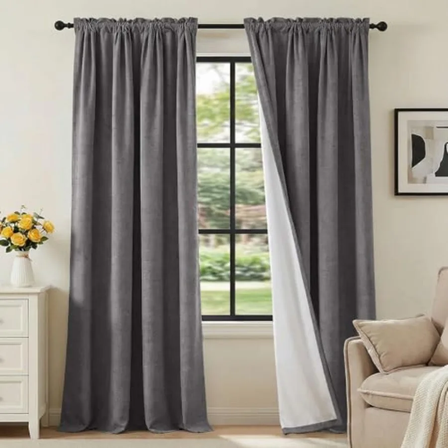 

Linen Look 100% Blackout Curtains 95 Inch Long for Bedroom Full Light Blocking Rod Pocket Linen Textured Thick Window Curtain D