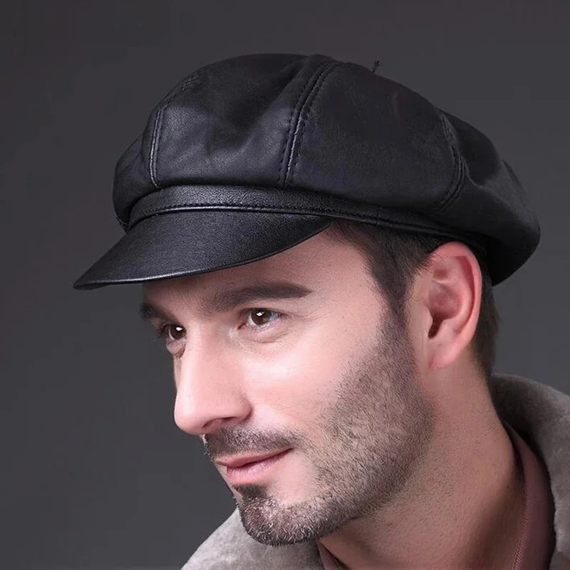 Genuine soft leather driving flat top autumn and winter 2023 men's fashion Beret outdoor sports warm octagonal hat