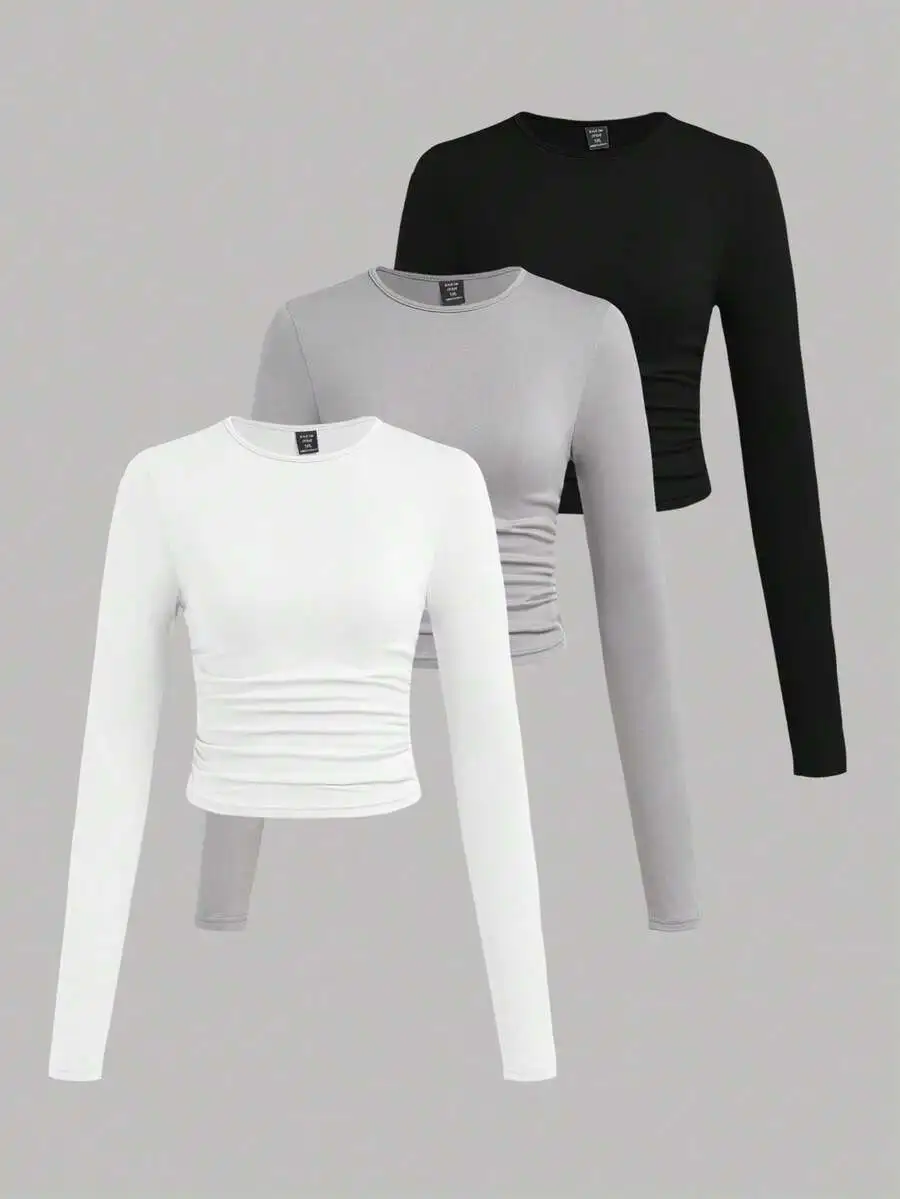 

3pcs Set Casual Minimalist Solid Color Crew Neck Ruched Long Sleeve Women Tops For Autumn Winter