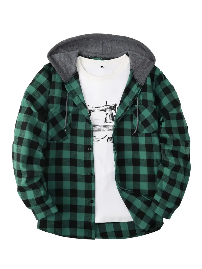 Buffalo Check Hooded Shirt — Black & White Plaid with Grey Hood — Button-Up Jacket Sfafcac8490d9417ba4d2c0791d3171b5U