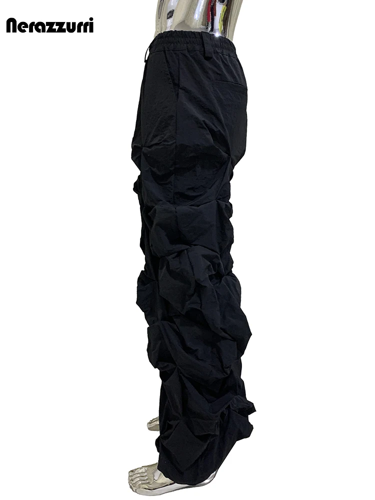 Nerazzurri Autumn Cool Handsome Long Black Ruched Stacked Pants for Men Elastic Waist Luxury Designer Emo Menswear Clothing 2026