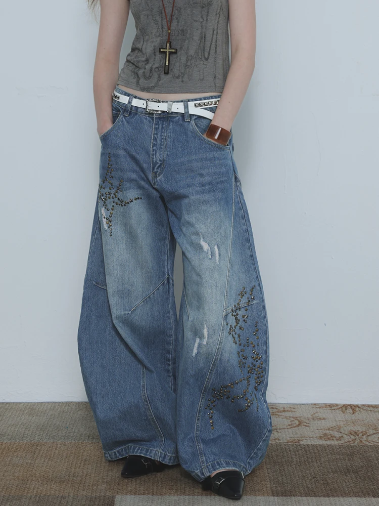 

Retro Rhinestone Decorated Knife Jeans Casual Wide Leg Pants Loose Fit Denim Blue Jeans for Women Spring Summer Autumn