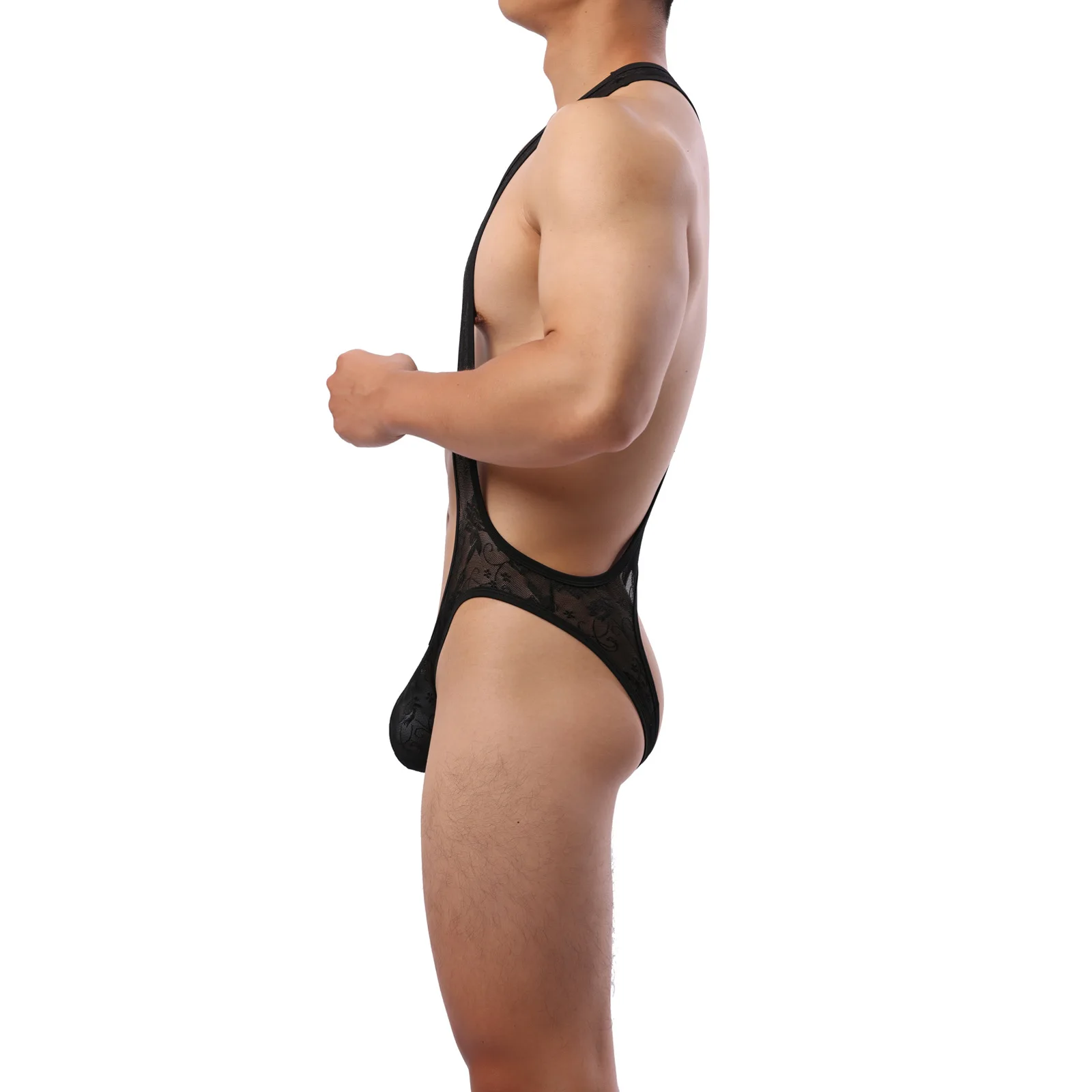 الرجال مثير بودسوت/ بدلة الجسم المصنوعة من الدانتيل مفتوحة المنشعب ضيقة الجوف خارج عارية الذراعين على شكل حرف U جيب T-السراويل الساخن مثير الملابس الداخلية للذكور الكبار