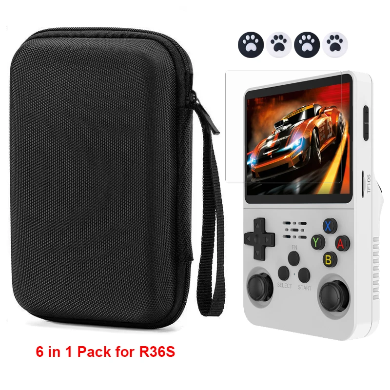 Tragbare Tragetasche für R36S Handheld-Konsole Aufbewahrungstasche & Gehärtetes Glas Displayschutz & Daumengriffe für R36S Zubehör