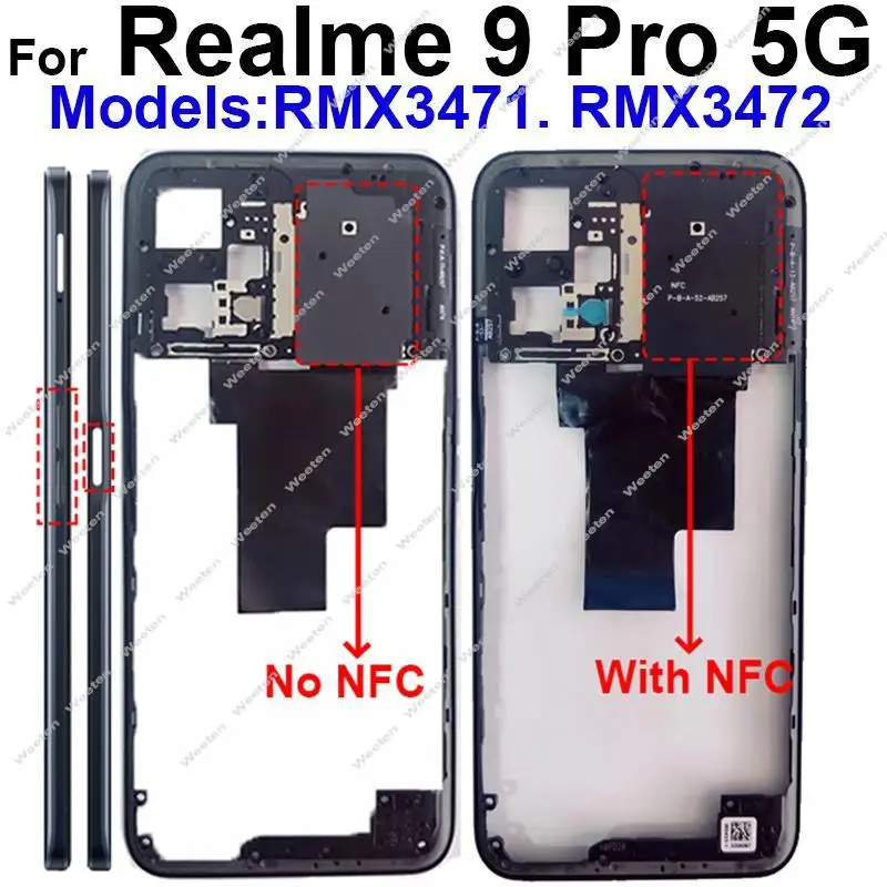 Middle Frame For Realme 9 Pro RMX3471 RMX3472 Back Cover Battery Door Housing Bezel with Side Button with Graphite Paper Parts