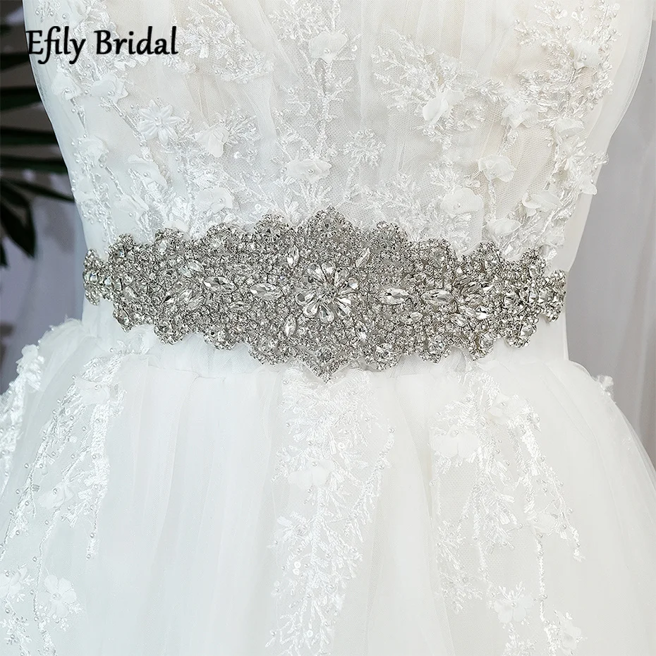 Efily luksusowe pasek do sukni ślubnej dla nowożeńców srebrny kolor kryształu pas z kryształkami dla kobiet na imprezę bal suknia Bride Sash prezent dla druhny