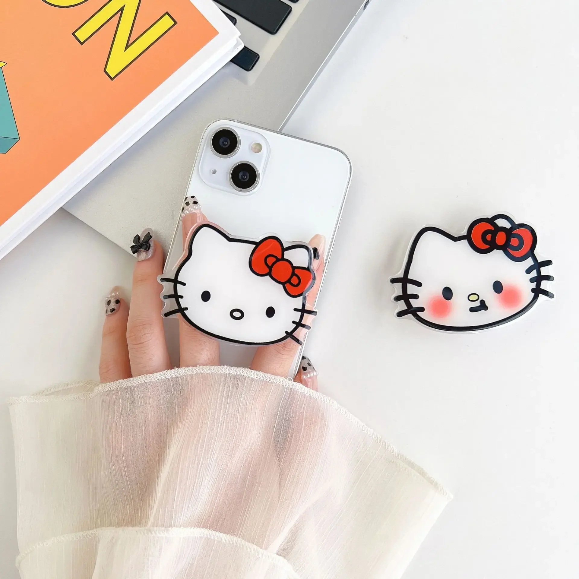 Sanrio Hello Kitty Telefoon Socket Houder Kawaii Anime Vinger Grip Beugel Voor Iphones Desktop Houder Achterkant Sticker Cadeau