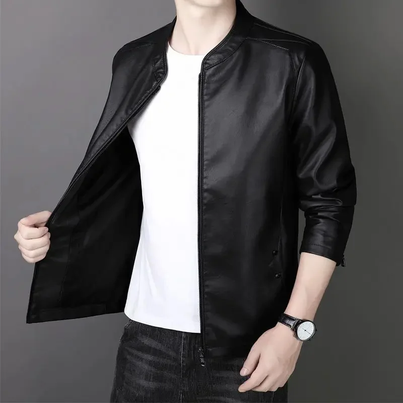 

PU Men Leather Jacket Spring Autumn Thin Stand Collar Coat Trendy Handsome Young Middle-Aged Fleece-Lined