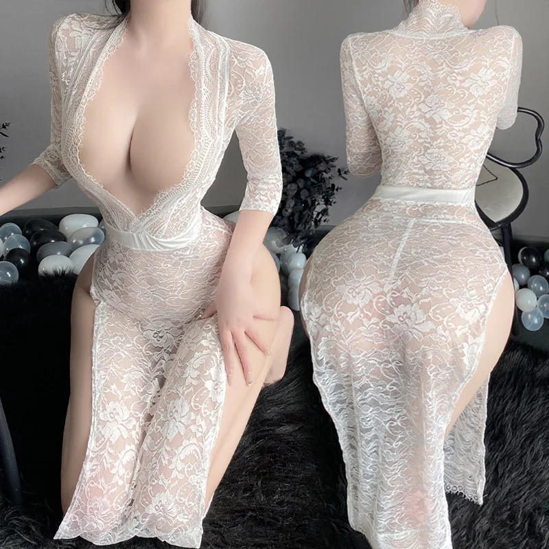 Sleepwear Night Dress Erotic Sexy Women Lingerie Lace Ruffles Robe See-through Open Front Soft Underwear Porno Nightclub Uniform