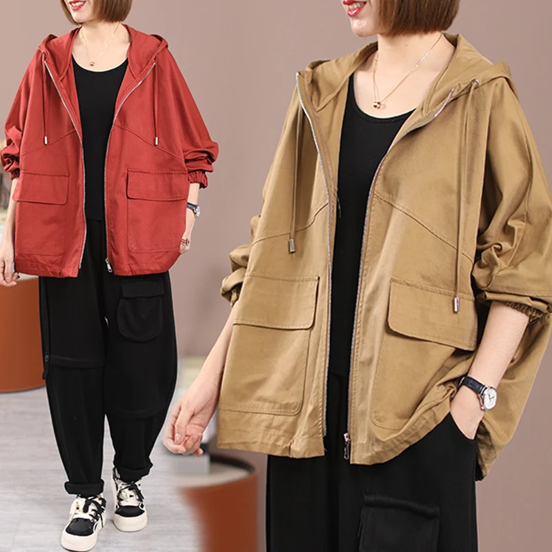 

Spring Large Size Casual Versatile Workwear Hooded Windbreaker Jaet Women's Sample Garment Irregular Cotton Color Com...