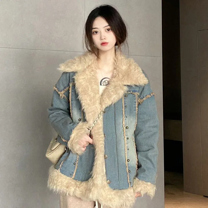 Winter New American Women's Denim Wool Collar Jacket Top Lamb Fleece Coat Fashion Thickened Wool Inner Warm Denim Jacket Exterior