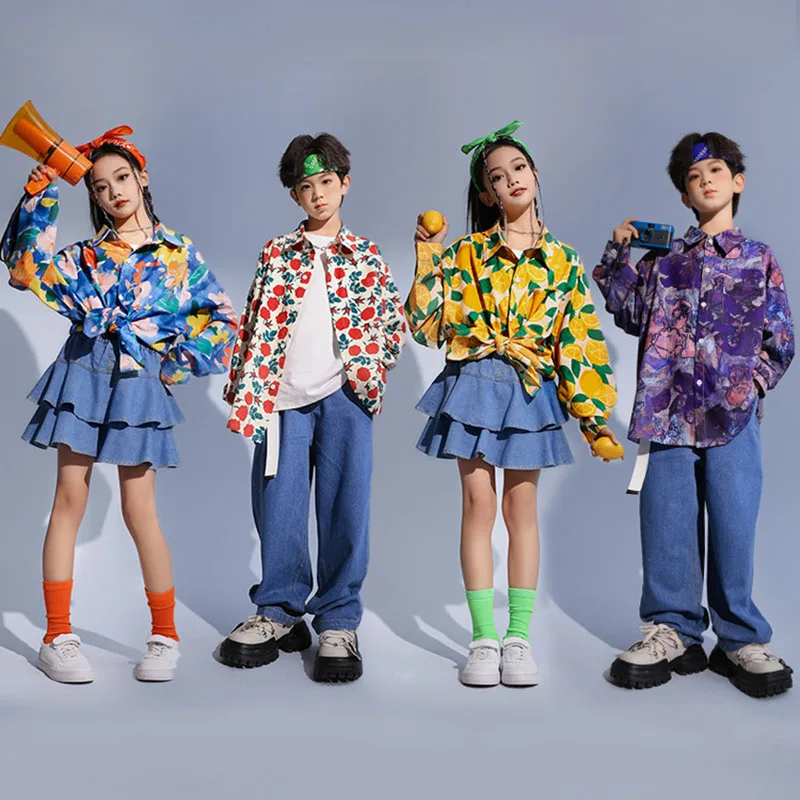 

Kid Kpop Hip Hop Clothing Vintage Print Shirt Denim Blue Tiered Street Ruffled Mini Skirt for Girls Jazz Dance Costumes Clothes