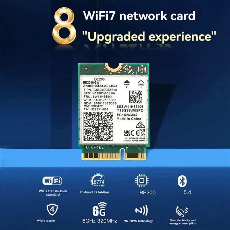 Превосходная карта Wi-Fi BE200 + встроенная антенна 2,4G/5Ghz 6Ghz Bluetooth 5,4 беспроводной сетевой адаптер 8774 Мбит/с для Win10/11
