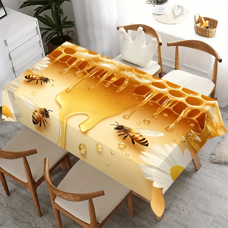 1pc Vintage Honey Bee Pattern Tablecloth, Polyester Fiber, Suitable for Home Decoration, Kitchen, Restaurant and Party
