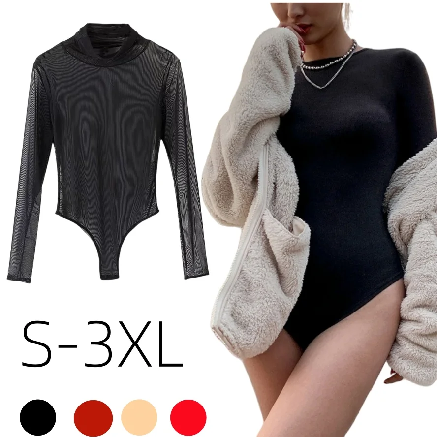 

Open Crotch Sheer Black Long Sleeve One-pieces Bodysuits Shirts Sexy Tops for Woman XXXL Plus Size Autumn Spring Club StreetWear