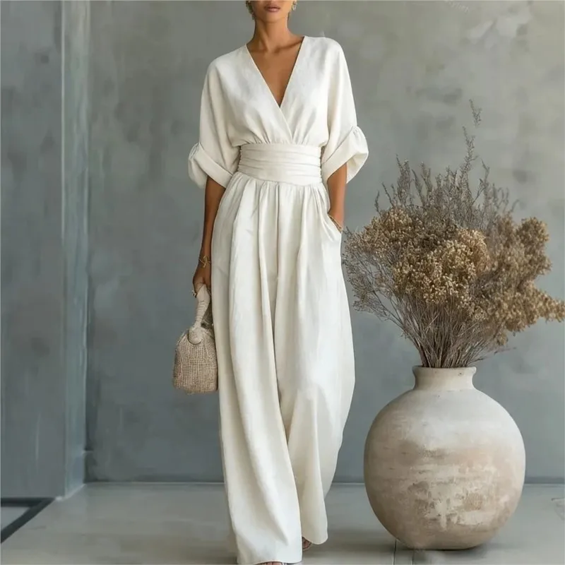 

Women Solid High Waist Draped Jumpsuits Woman 2026 Spring V Neck Wide Leg Trousers Overalls Casual Half Sleeve Rompers Outfit