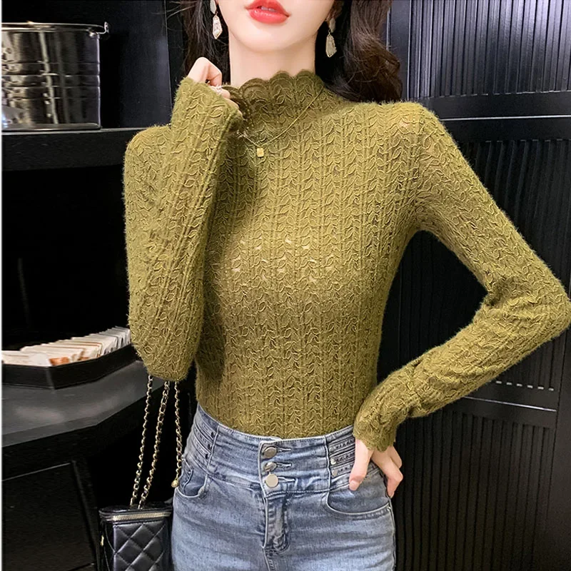 Fashion Autumn Mock Neck Women Blouse Lace Long Sleeve Blouse Shirt Women Tops Camisas Blusa Blusas Camisas De Mujer Shirts M670