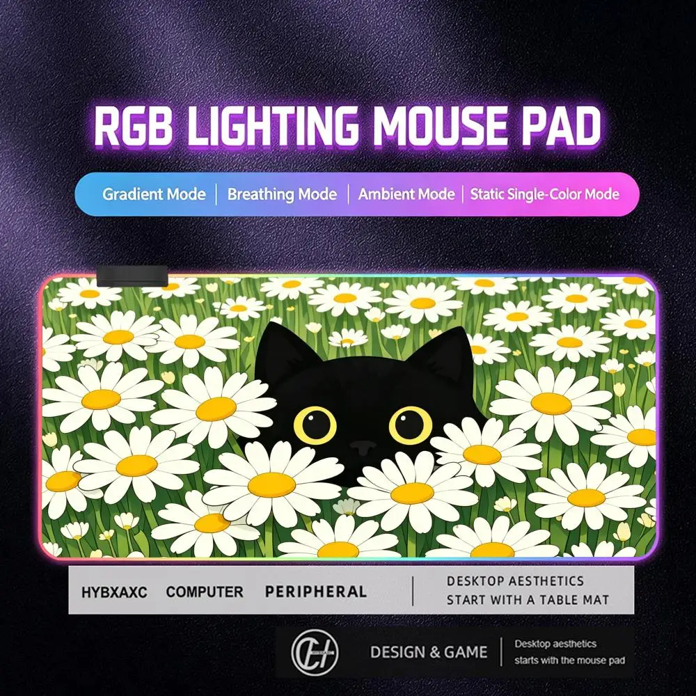 XXL HYBXAXC Mouse Pad RGB Gaming Mouse Pad Desk Mat HD Gamer Large LED Light XXL Daisy Cute Cat RGB Mouse Pad 400X900MM