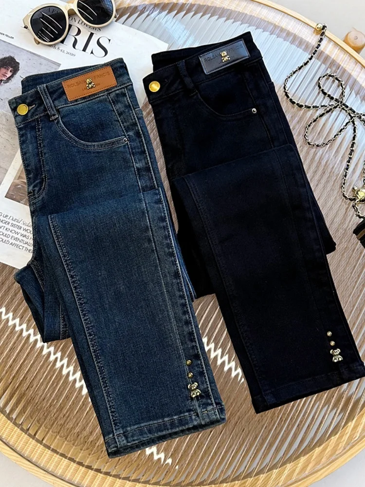 Verão feminino perna reta jeans cintura alta nove pontos calças de algodão poliéster viscose mistura retro na moda novo 2024