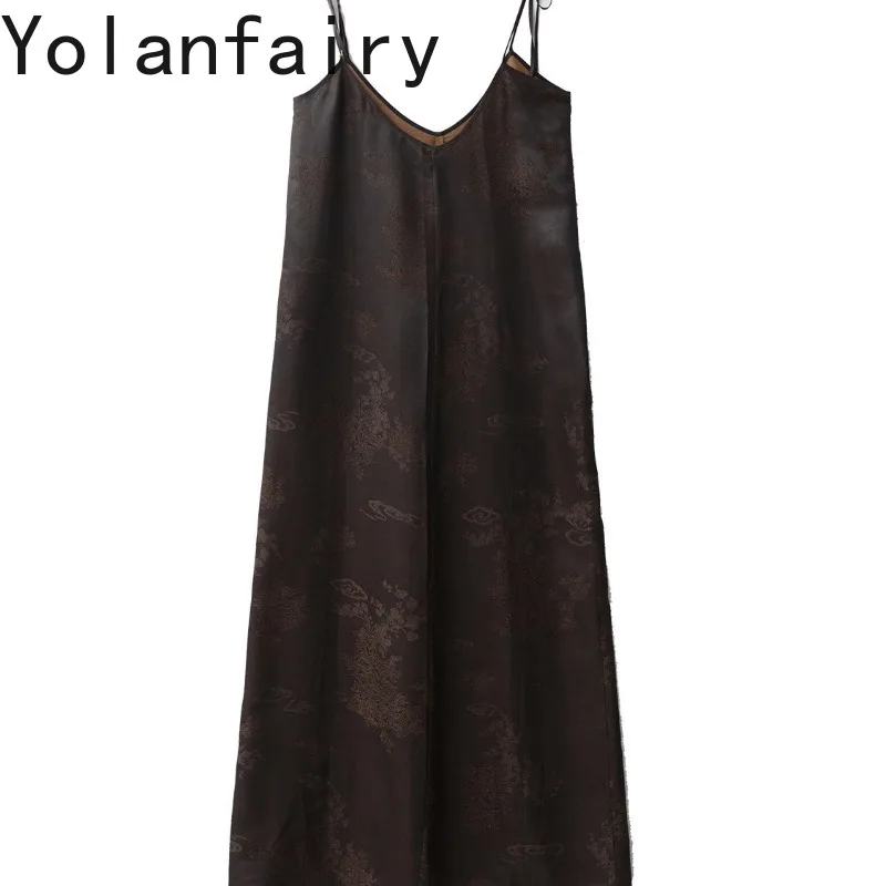 YOLANFAIRY 100% Mulberry Silk Gold Jacquard Gambiered Silk Dresses Women Spaghetti Strap Silk Maxi Dress Luxury Birthday Dress