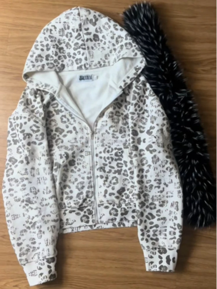 Autumn and winter fur collar retro y2k men's and women's personalized street fashion printed hooded zipper sweatshirt