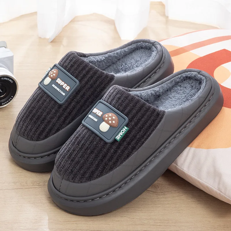 Casual Winter Men Home Slippers Corduroy Fabric Mushroom Badge Warm Fleece Lining Thick Anti‑Slip Indoor Shoes Slip‑on Footwear
