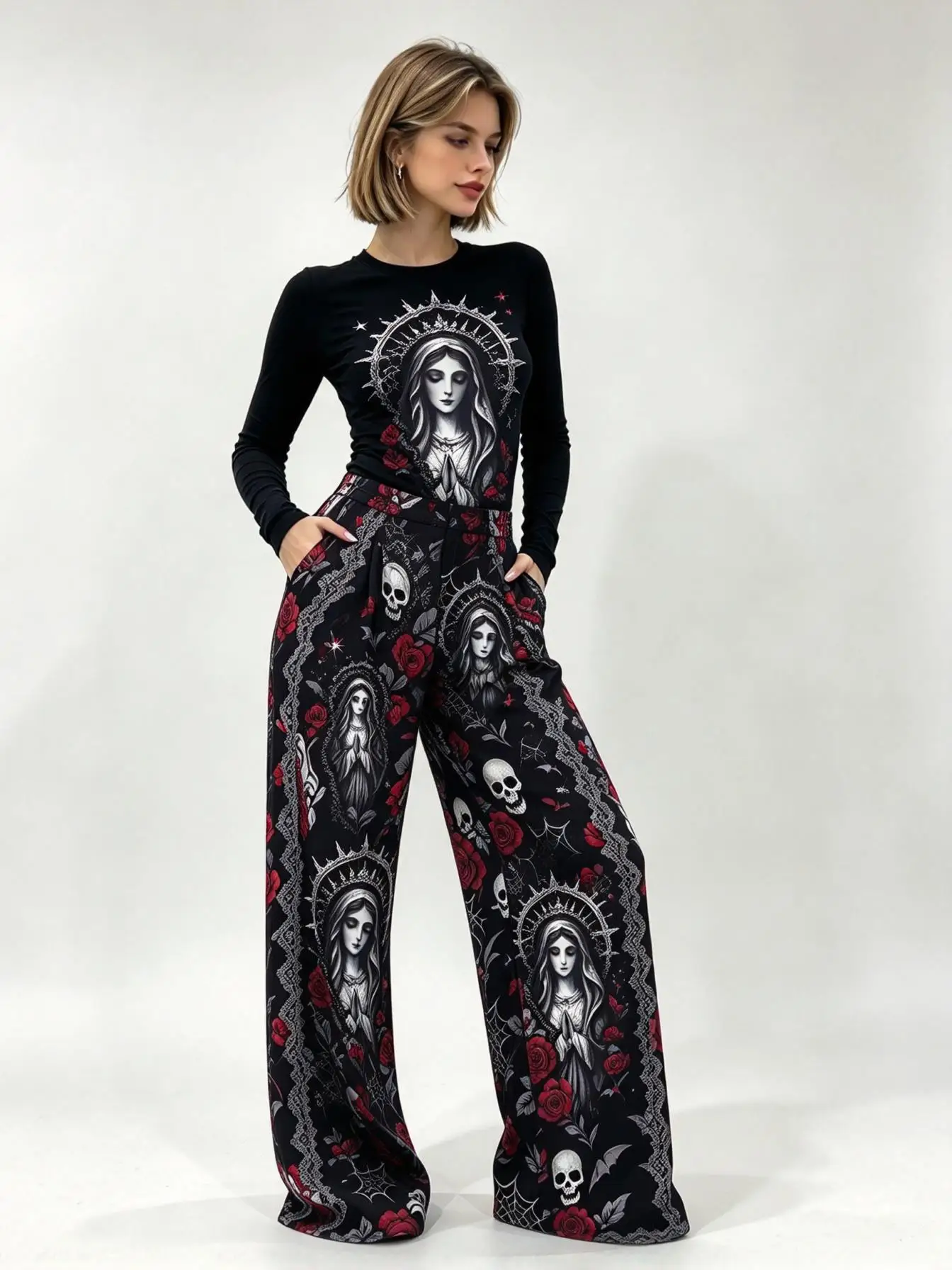 Women Dark Halloween Skull Rose Pattern Wide Leg Pants Loose Fashion Trousers