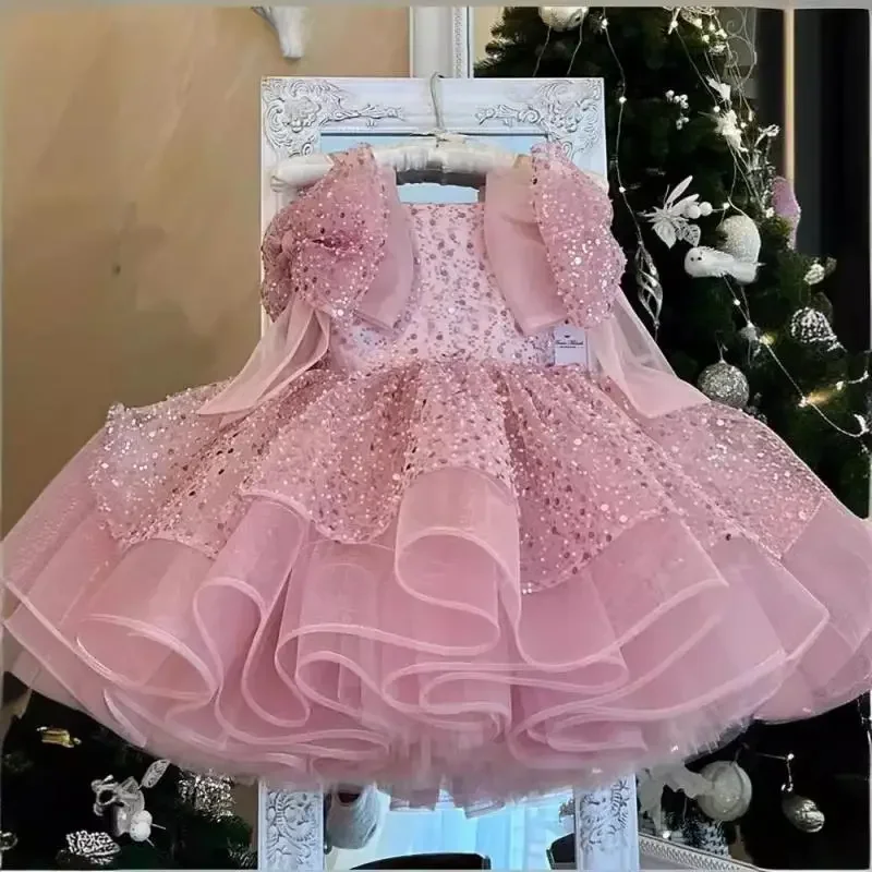 2025 Pink Sweet Cute Girl Princess Dress Sequin Bow Evening Dresses Newborn Baptismal Clothing New Square Neck Fluffy Vestidos