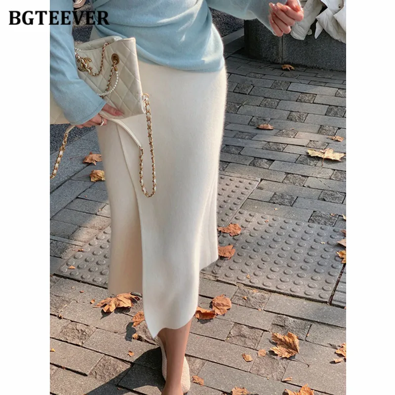 BGTEEVER Elegant Slim Knitted Package Hip Skirts Women Stylish Split Female Sweaters Skirts Autumn Winter