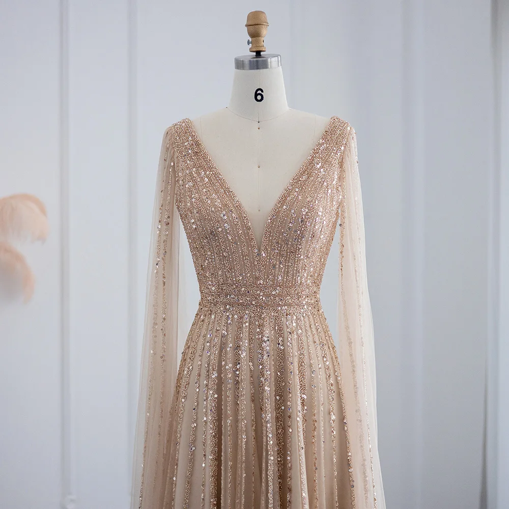 Sharon Said Luxuriöse Champagner-Abendkleider mit Cape-Ärmeln, Arabisches Grün-Nude Ballkleid für Damen, Hochzeitsfeier SS322 Maßanfertigung – Detail 9