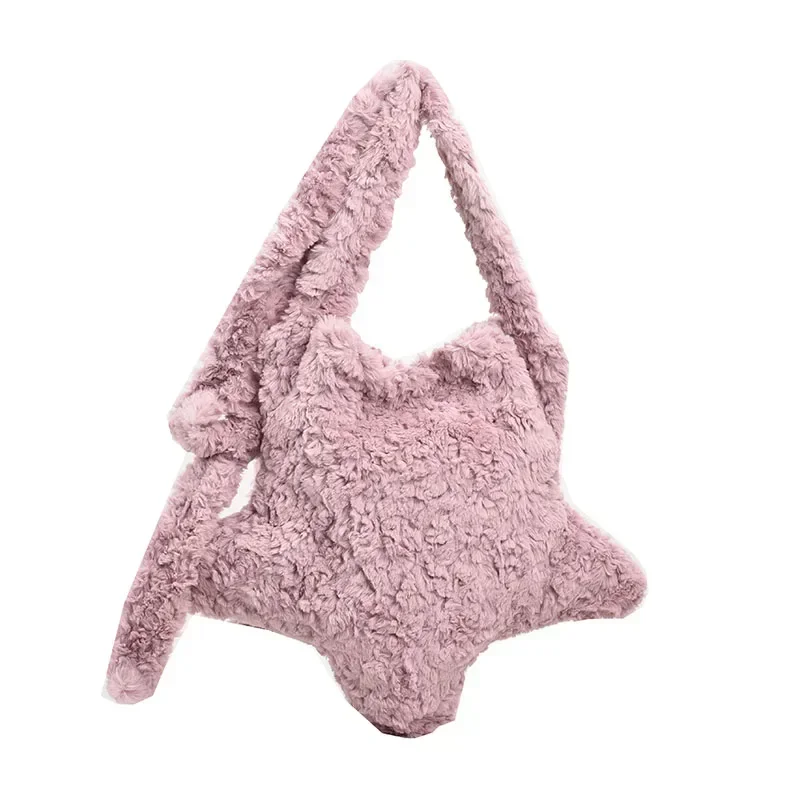 Cute Star Ladies Soft Plush Shoulder Bags Large Capacity Female Furry Pentagram Messenger Bag Winter Fluffy Women\'s Handbags