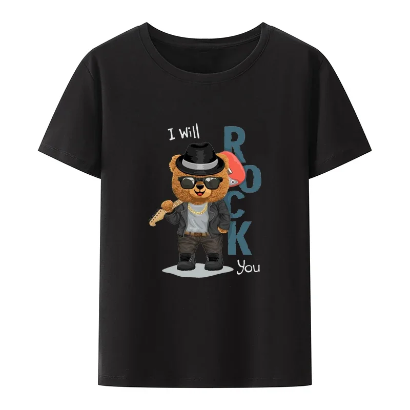 Creative Cool Bear In Rocker Costume Carrying Electric Guitar on Its Shoulder Print T Shirt Men Women Hip-hop Hipster Streetwear