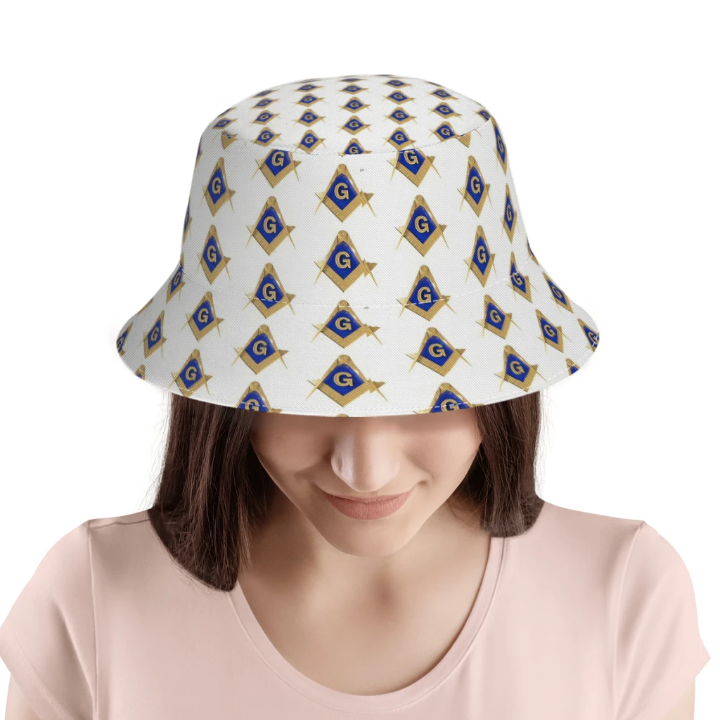 Freemason Gold Square  Compass Masonic Polyester Bucket Hats Unisex Full Printed Panama Fisherman Cap Outdoor Sun Hat