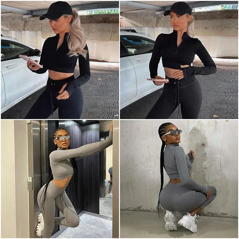 Women's Clothing 2022 Spring And Autumn New Casual Suit, Sexy High-waisted Leggings, Zipper Pullover T-shirt