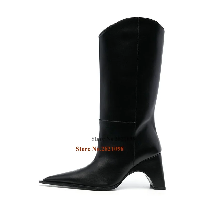 

Bridge 90 Leather Mid-Calf Boots Pointed Toe Chunky Heeled Pull On Cowboy Boot Woman's Shoes