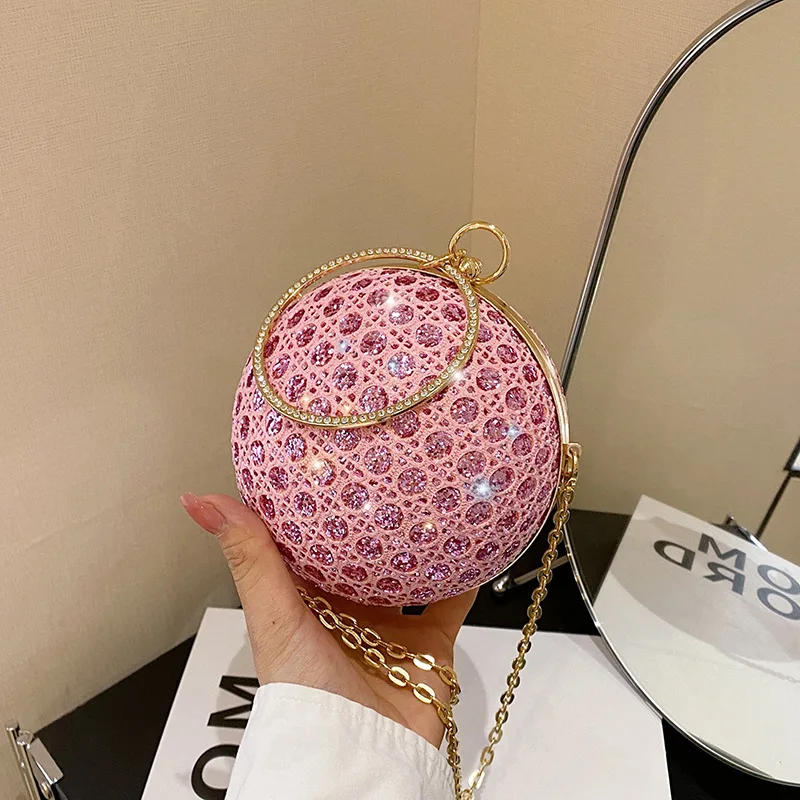 Sparkly Round Evening Bags for Women 2024 New Shiny Diamonds Handbag Unusual Chain Party Purse Fashion Luxury Shoulder Bag Woman