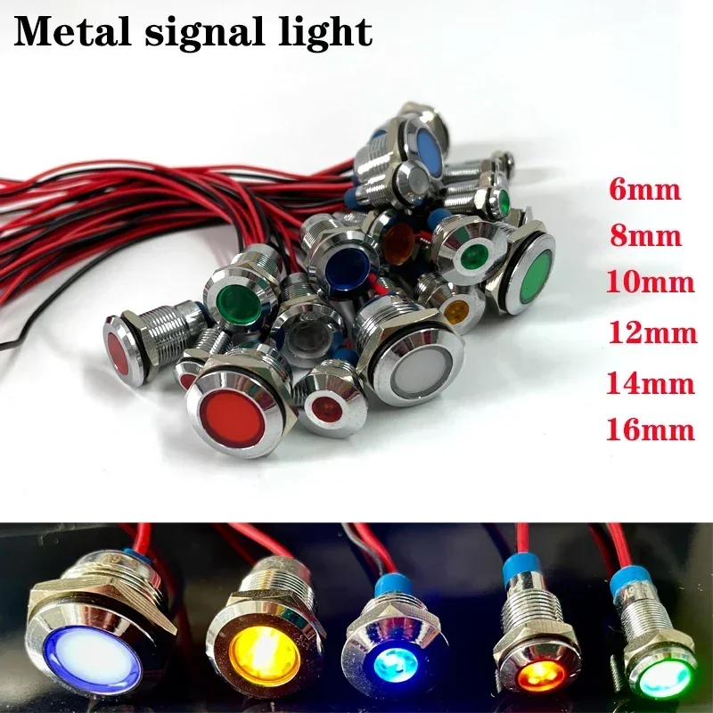 5pc 6mm 8mm 10mm 12mm 14mm Metal LED Warning Indicator Light Waterproof IP67 Signal Lamp Pilot Wires Switch 3V 5V 12V 220V Blue