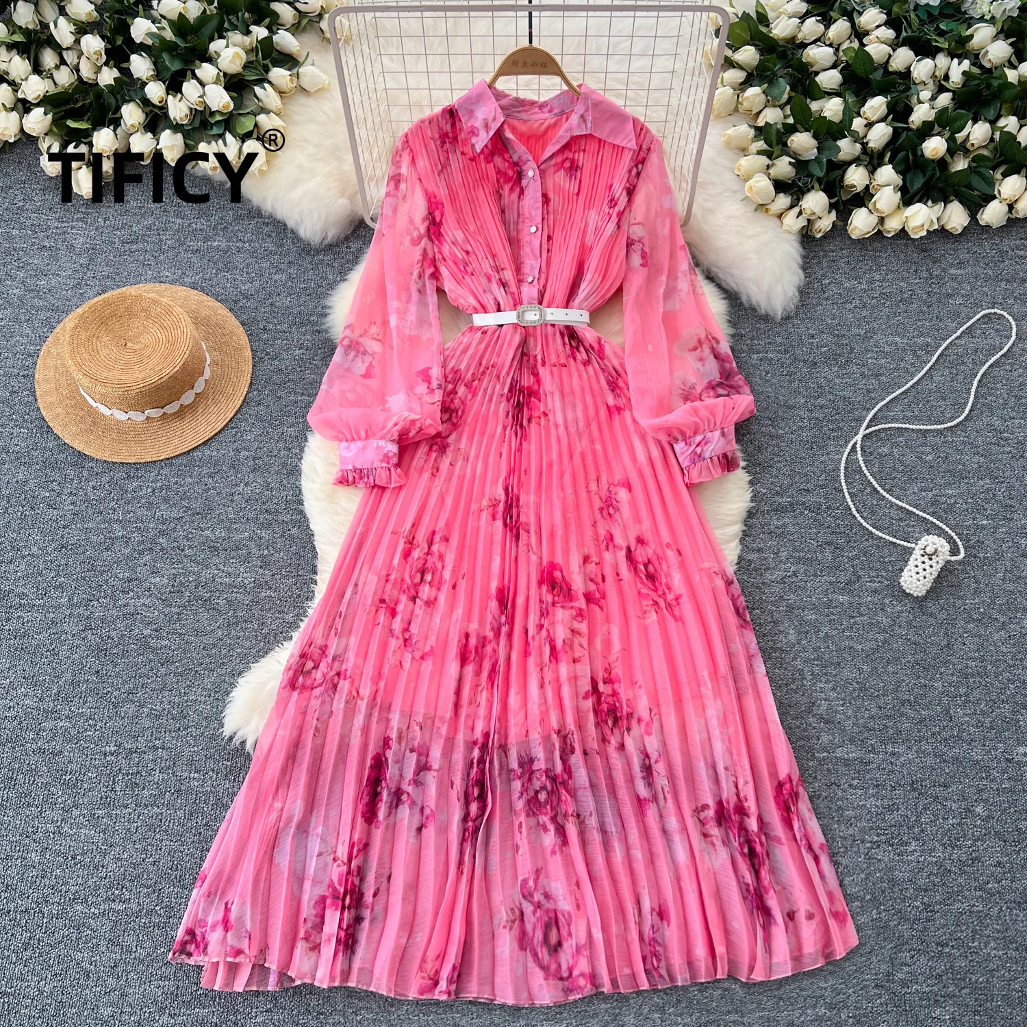 

French Retro Dress Women A Stylish Waistline and Slimming Effect Long Sleeved Single Breasted Waist Cinching Printed Long Dress