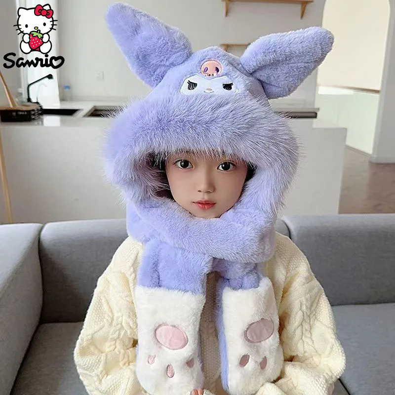 Kawaii سانريو سينامورول كورومي الأطفال قبعة وشاح قفازات شتاء واحد بلدي ميلودي Pochacco سدادات حماية الأذن الدافئة القلنسوة هدية عيد الميلاد فتاة