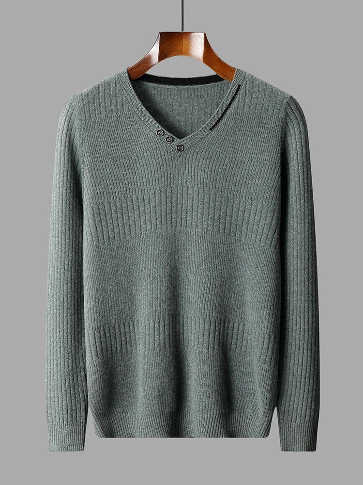 Suéter de lana pura con cuello en V para hombre, Tops sueltos de Jacquard para jóvenes, chaqueta cálida informal con botones, camisa Base de gran tamaño, otoño e invierno, nuevo, 100%