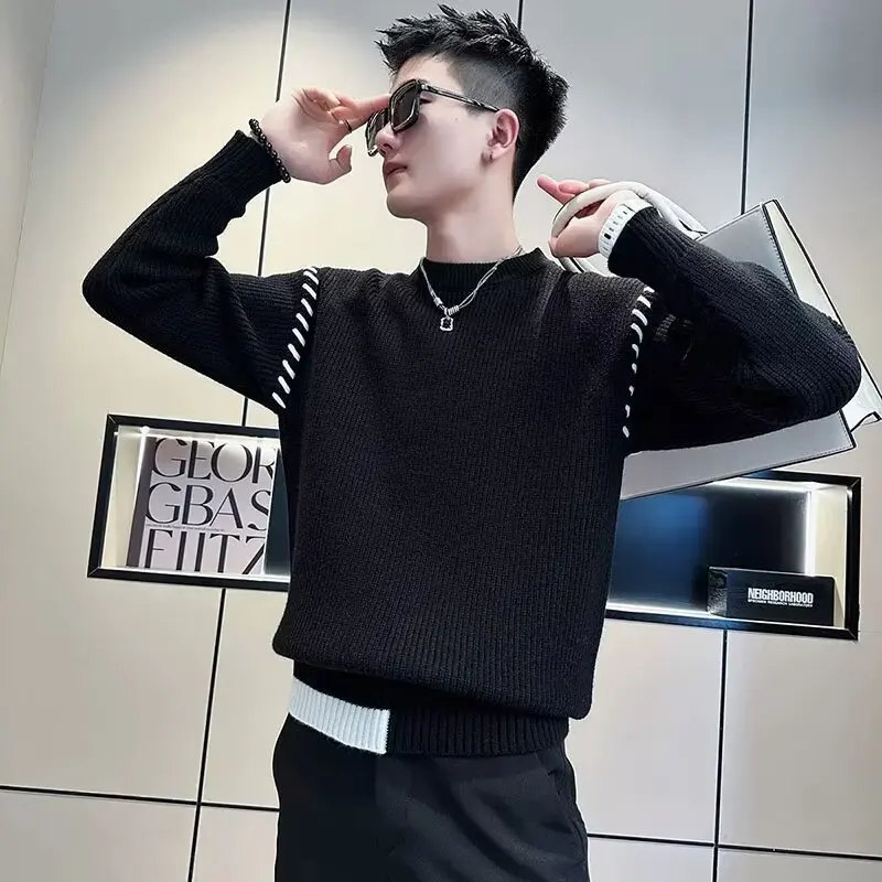 

Autumn Winter Thiened Long Sve Men's Knitted Sweater Base Layer irt Inner Wear Fake Two-Piece Knitwear Top for Youth