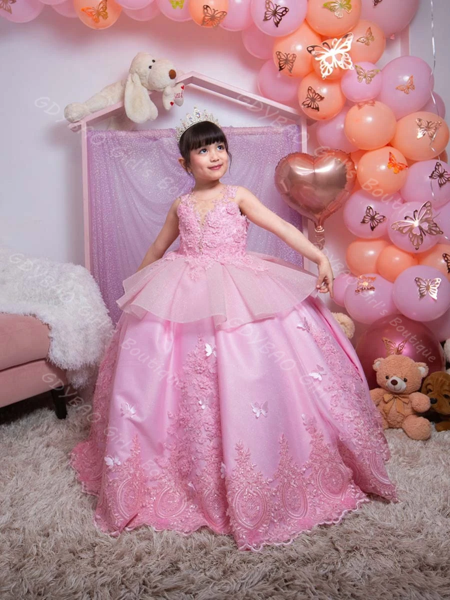 

Pink Flower Girl Dresses for Kids Sheer Neck 3D Appliques Princess Pageant Dress With Bow Customized Wedding Party Ball Gown